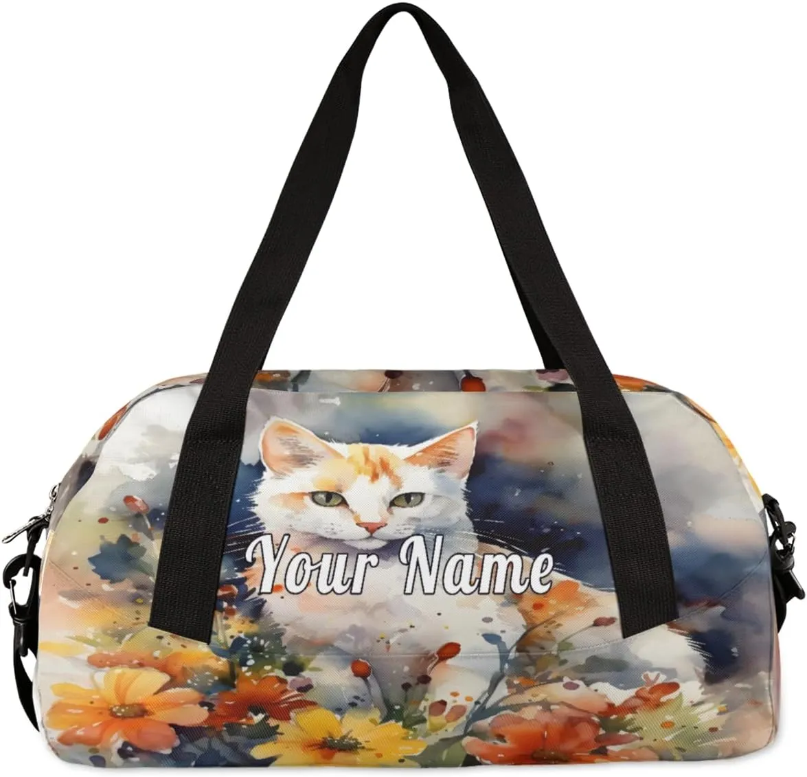 Personalized Kids Duffel Bag Watercolor Flower Cat,Custom Sport Gym Bag for Boys Girls,WWeekender Overnight Bags Travel Duffel Bag,Customized Kids Gift