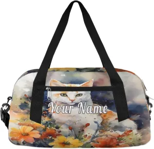 Personalized Kids Duffel Bag Watercolor Flower Cat,Custom Sport Gym Bag for Boys Girls,WWeekender Overnight Bags Travel Duffel Bag,Customized Kids Gift