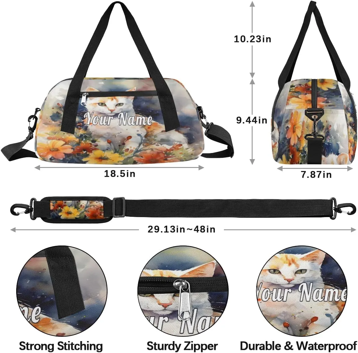 Personalized Kids Duffel Bag Watercolor Flower Cat,Custom Sport Gym Bag for Boys Girls,WWeekender Overnight Bags Travel Duffel Bag,Customized Kids Gift