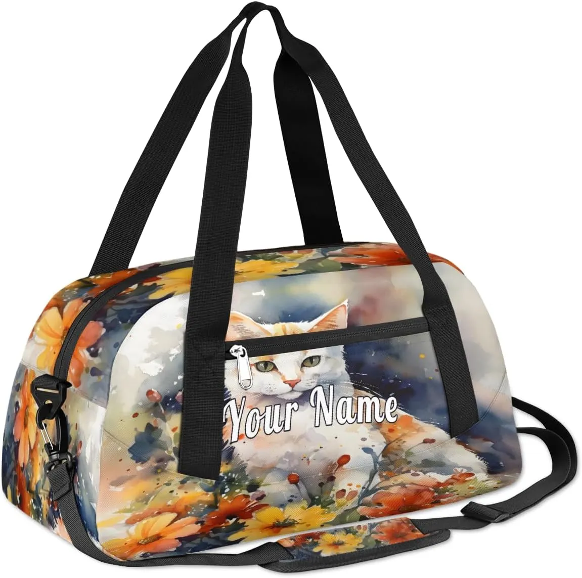 Personalized Kids Duffel Bag Watercolor Flower Cat,Custom Sport Gym Bag for Boys Girls,WWeekender Overnight Bags Travel Duffel Bag,Customized Kids Gift