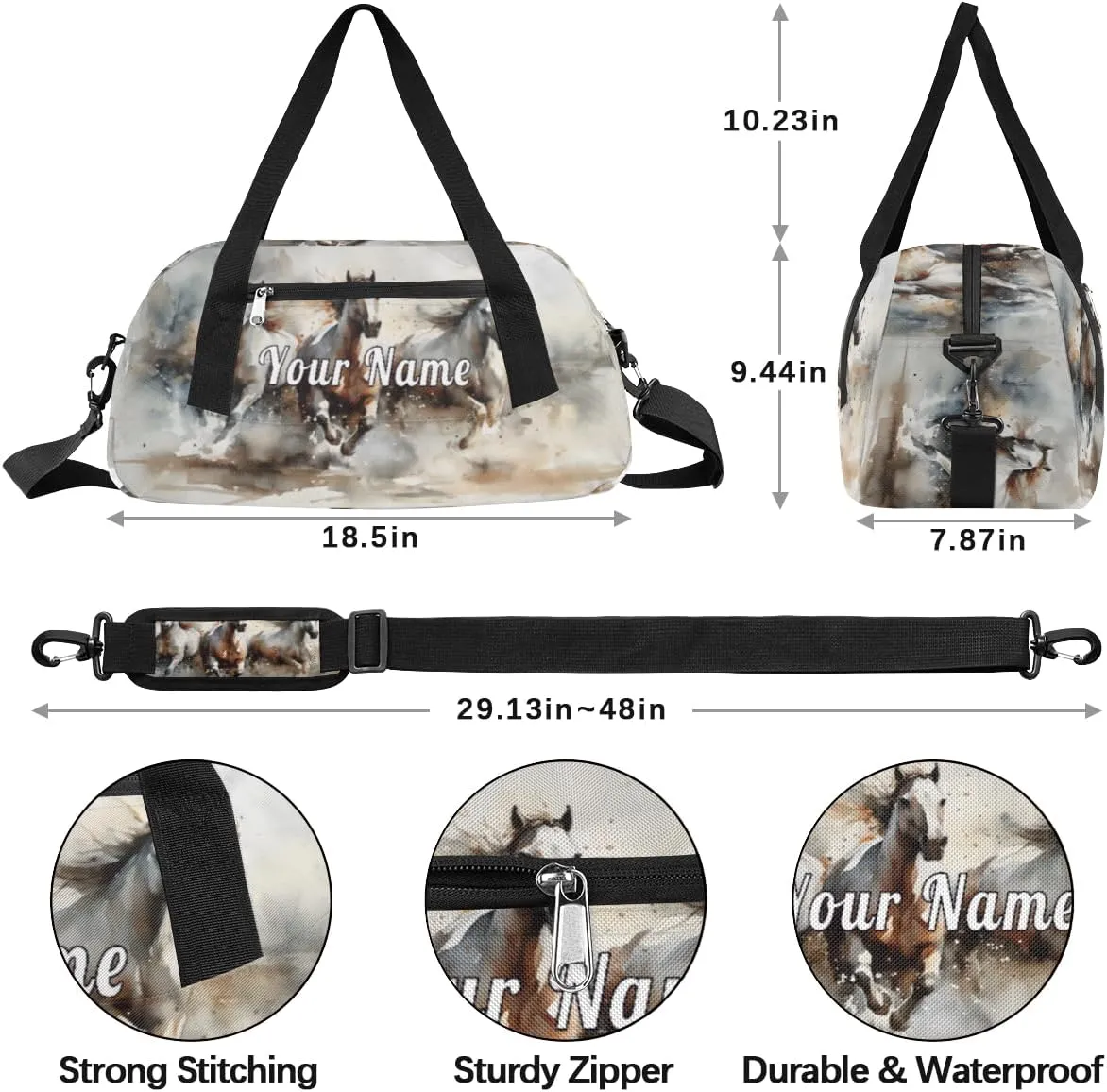 Personalized Kids Duffel Bag Watercolor horse,Custom Sport Gym Bag for Boys Girls,Weekender Overnight Bags Travel Duffel Bag,Customized Kids Gift