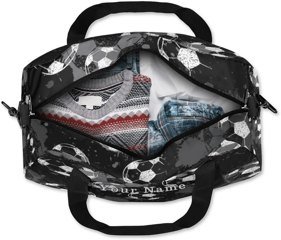 Personalized Kids Duffel Bag White Black Football Soccer,Custom Sport Gym Bag for Boys Girls,WWeekender Overnight Bags Travel Duffel Bag,Customized Kids Gift