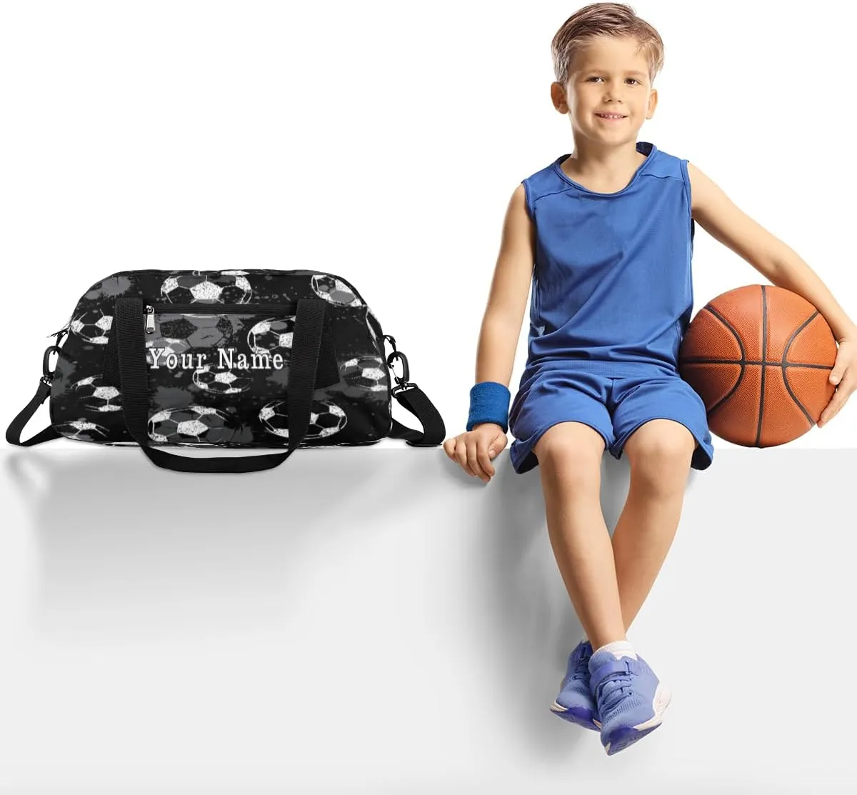 Personalized Kids Duffel Bag White Black Football Soccer,Custom Sport Gym Bag for Boys Girls,WWeekender Overnight Bags Travel Duffel Bag,Customized Kids Gift