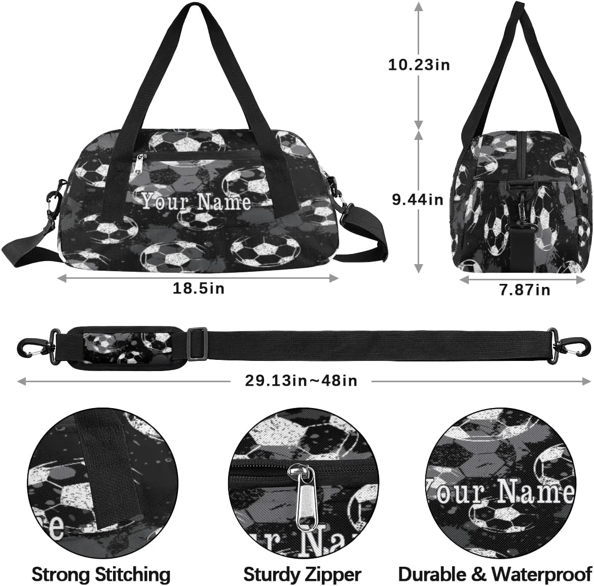 Personalized Kids Duffel Bag White Black Football Soccer,Custom Sport Gym Bag for Boys Girls,WWeekender Overnight Bags Travel Duffel Bag,Customized Kids Gift