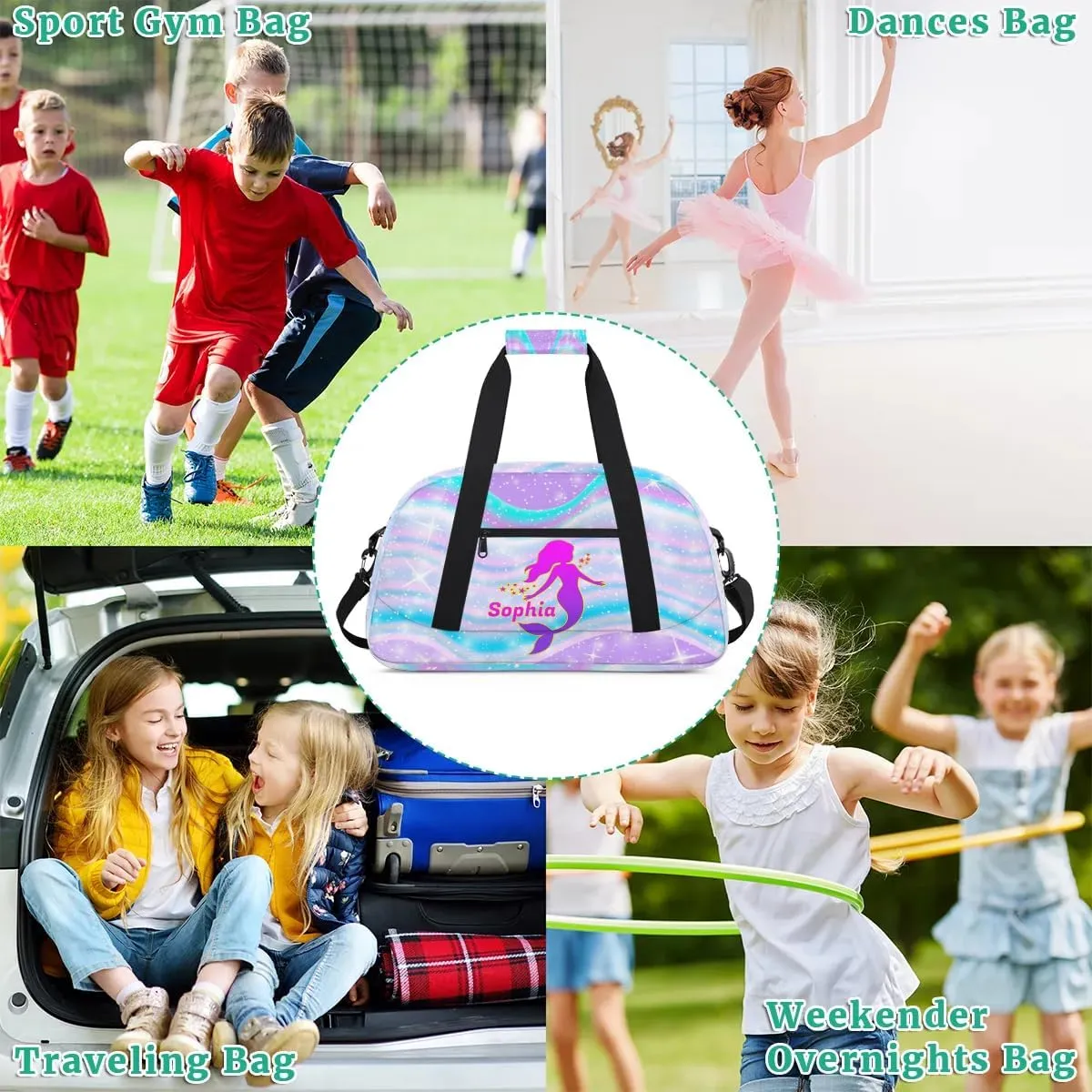 Personalized Kids Duffel Bag,Custom Sport Gym Bag for Boys Girls,Weekender Overnight Bag Travel Duffel Bag,Customized Kids Gift Cute Mermaid
