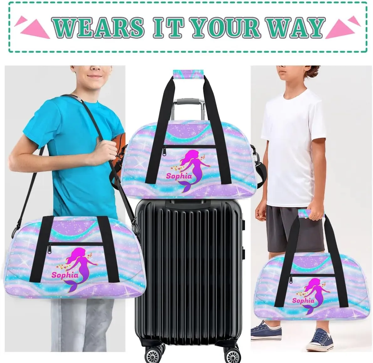 Personalized Kids Duffel Bag,Custom Sport Gym Bag for Boys Girls,Weekender Overnight Bag Travel Duffel Bag,Customized Kids Gift Cute Mermaid
