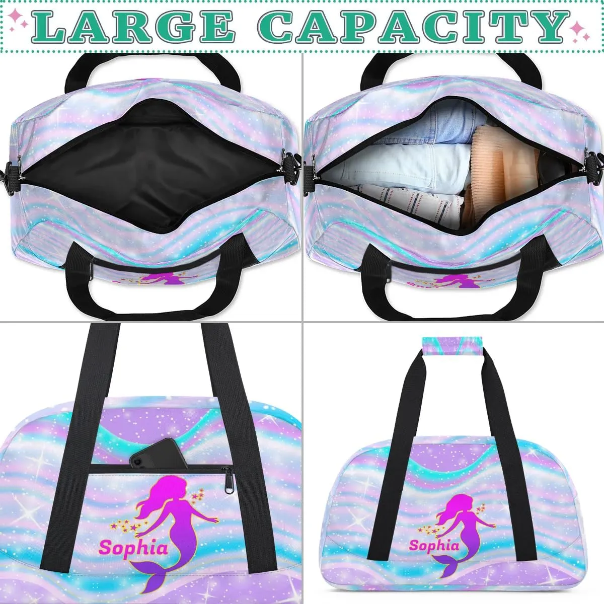 Personalized Kids Duffel Bag,Custom Sport Gym Bag for Boys Girls,Weekender Overnight Bag Travel Duffel Bag,Customized Kids Gift Cute Mermaid