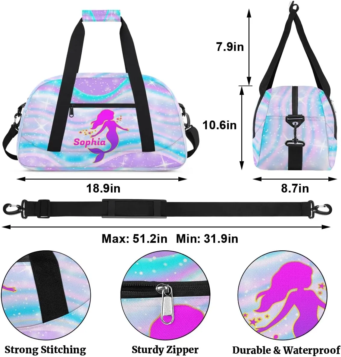Personalized Kids Duffel Bag,Custom Sport Gym Bag for Boys Girls,Weekender Overnight Bag Travel Duffel Bag,Customized Kids Gift Cute Mermaid