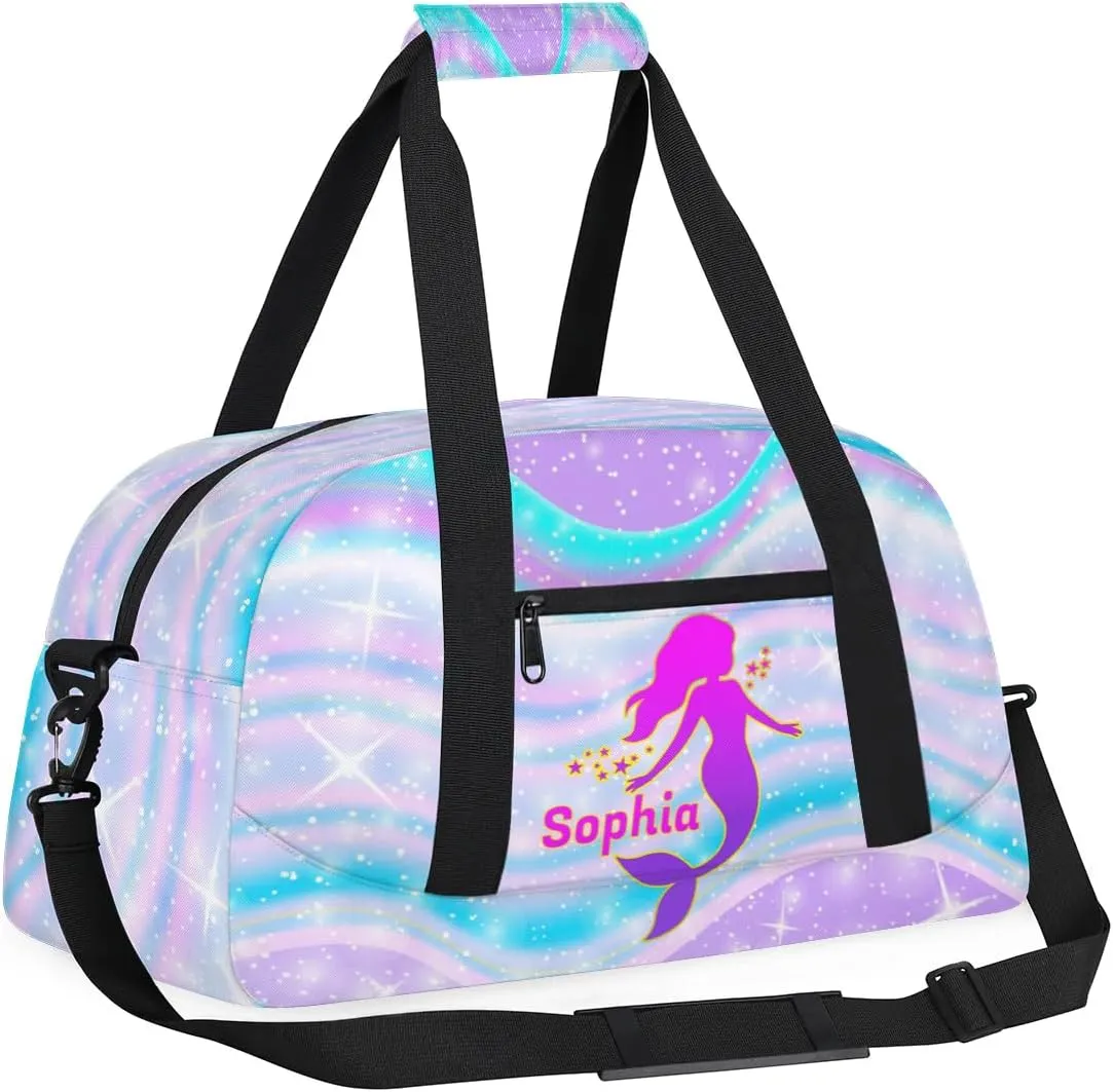 Personalized Kids Duffel Bag,Custom Sport Gym Bag for Boys Girls,Weekender Overnight Bag Travel Duffel Bag,Customized Kids Gift Cute Mermaid