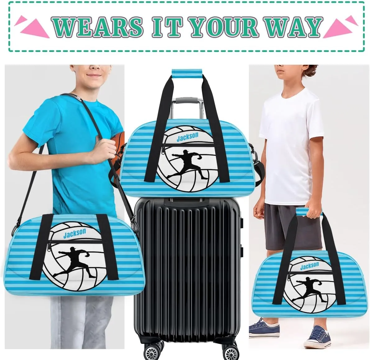 Personalized Kids Gym Bag Baseball Player Blue Stripe Custom Name Sport Duffel Bag for Teens Boys Large Practice Workout Bags Travel Duffel Bag