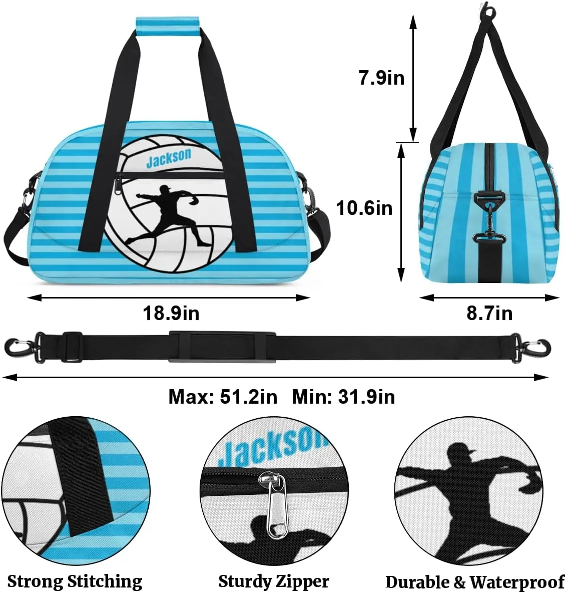 Personalized Kids Gym Bag Baseball Player Blue Stripe Custom Name Sport Duffel Bag for Teens Boys Large Practice Workout Bags Travel Duffel Bag