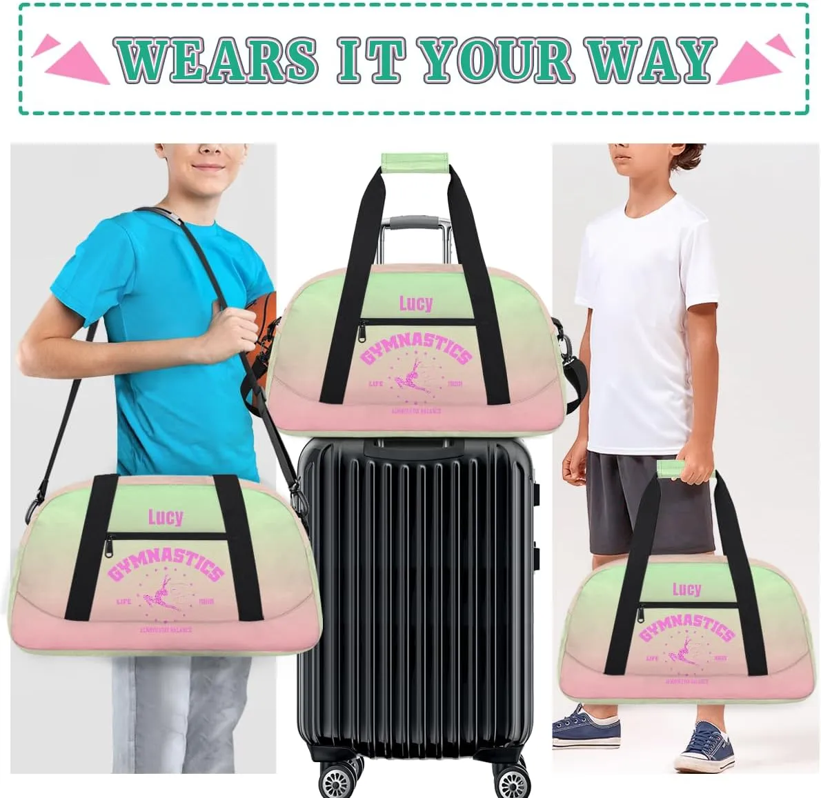 Personalized Kids Gymnastic Bag Cherry Pink Grass Custom Name Sport Gymnast Duffel Bag for Girls Teens Large Dance Bags Travel Duffel Bag