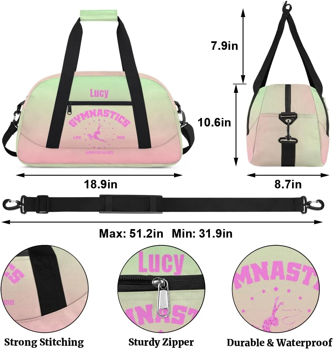 Personalized Kids Gymnastic Bag Cherry Pink Grass Custom Name Sport Gymnast Duffel Bag for Girls Teens Large Dance Bags Travel Duffel Bag