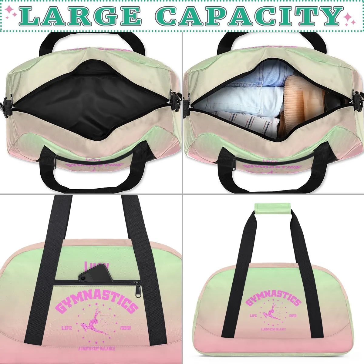 Personalized Kids Gymnastic Bag Cherry Pink Grass Custom Name Sport Gymnast Duffel Bag for Girls Teens Large Dance Bags Travel Duffel Bag