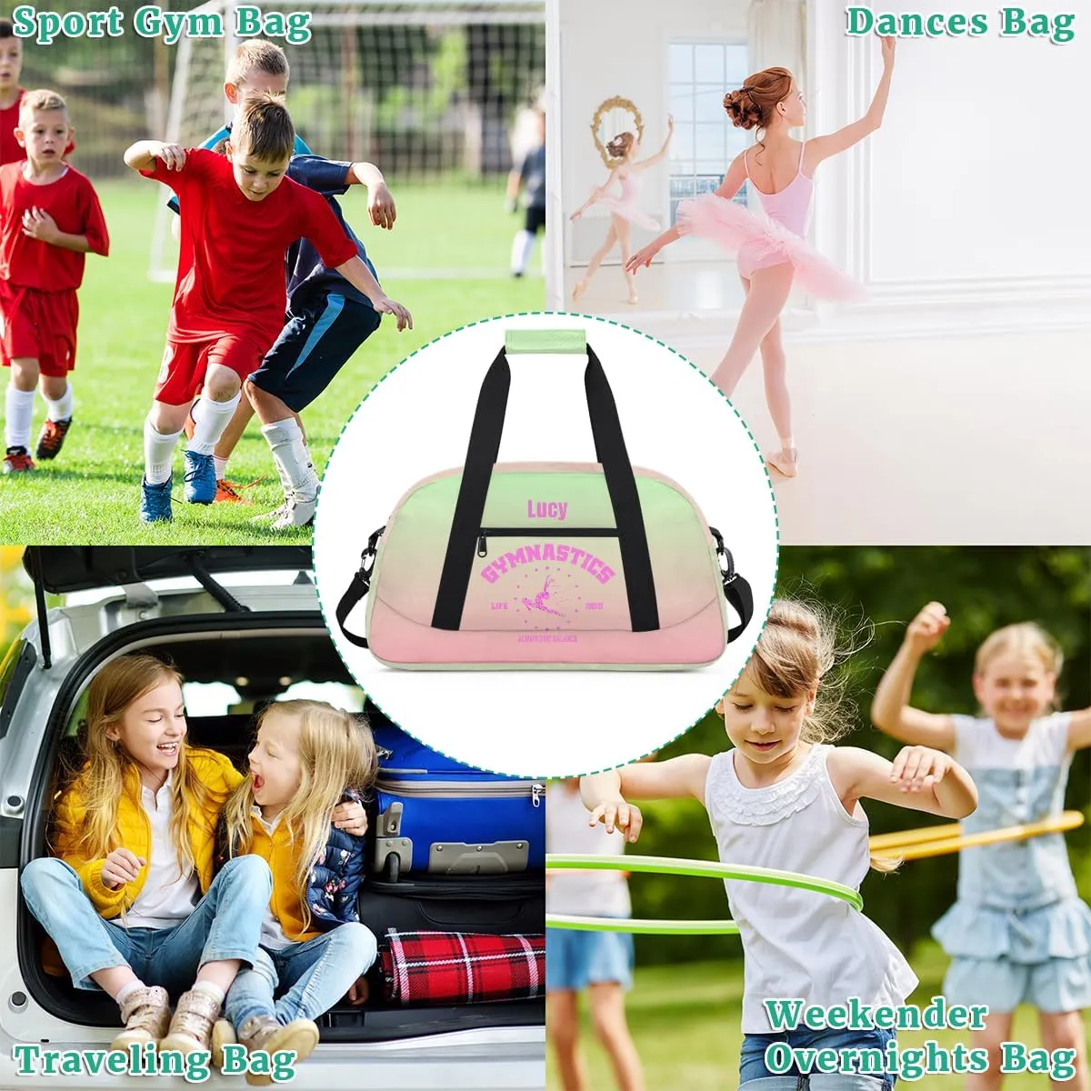 Personalized Kids Gymnastic Bag Cherry Pink Grass Custom Name Sport Gymnast Duffel Bag for Girls Teens Large Dance Bags Travel Duffel Bag