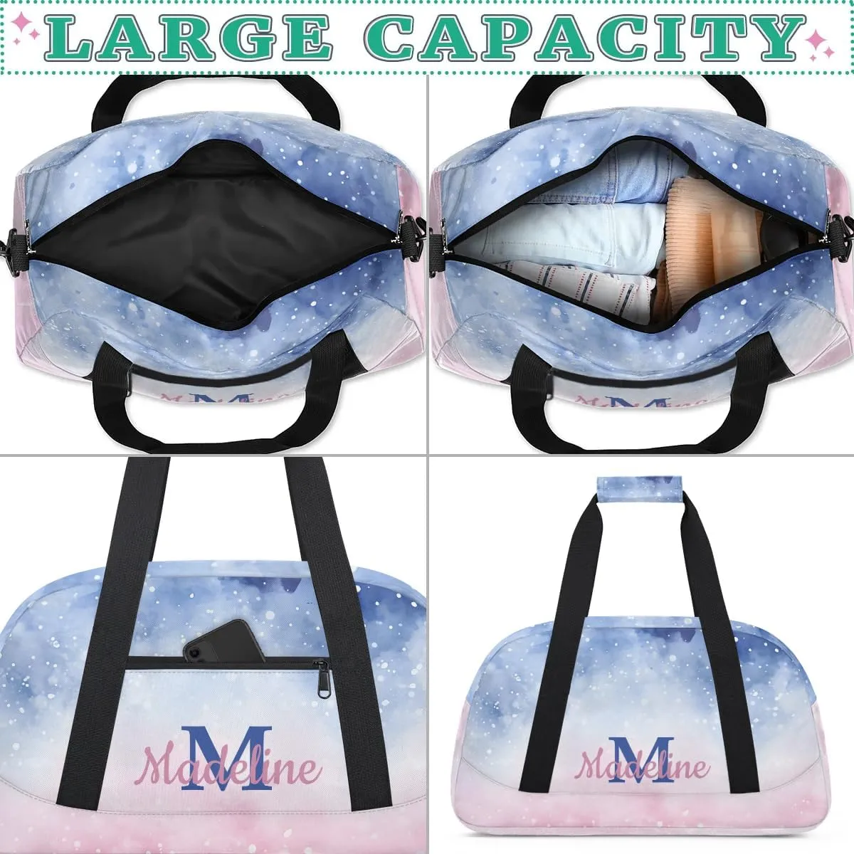 Personalized Kids Sports Duffel Bag with Name Custom Weekender Overnight Bag for Boys Girls Gym Bag Travel Dance Gymnastics Duffel Bag, Watercolor Nebula Pink Galaxy