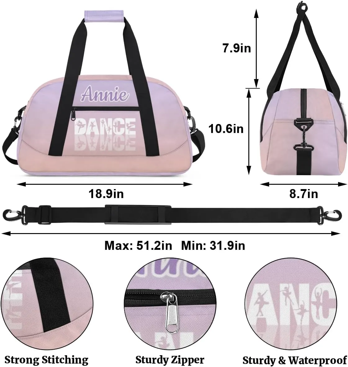 Personalized Multicolor Multipurpose Duffel Bag, 18.9 x 8.7 x 10.6 inches, Waterproof, Adjustable Shoulder Strap, Kids Gym Bag for Girls & Boys, Customizable Text