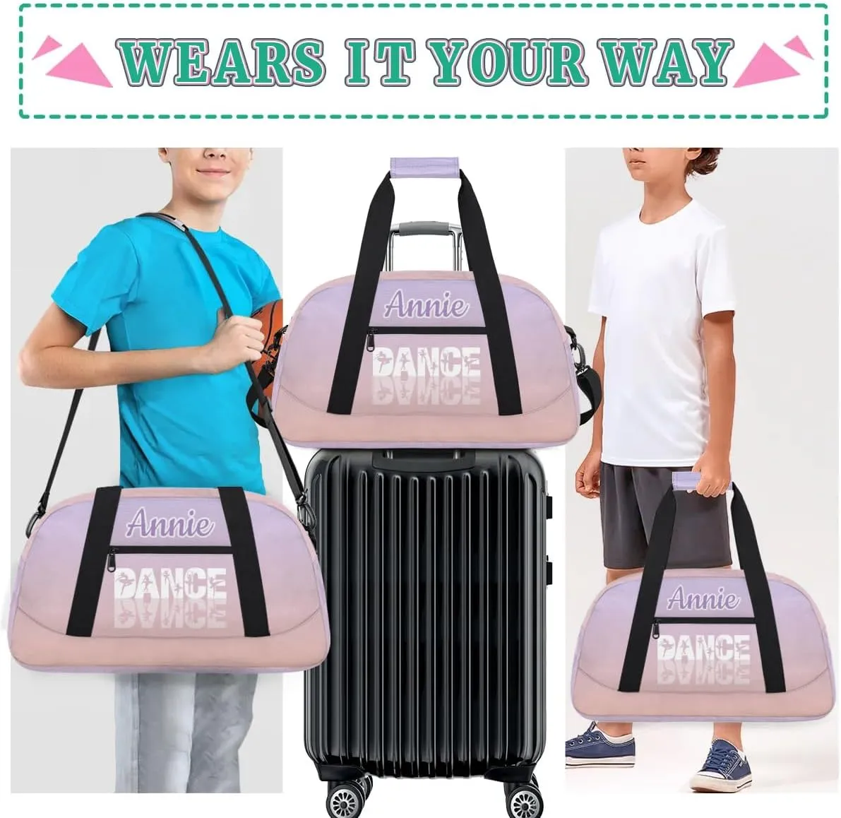 Personalized Multicolor Multipurpose Duffel Bag, 18.9 x 8.7 x 10.6 inches, Waterproof, Adjustable Shoulder Strap, Kids Gym Bag for Girls & Boys, Customizable Text