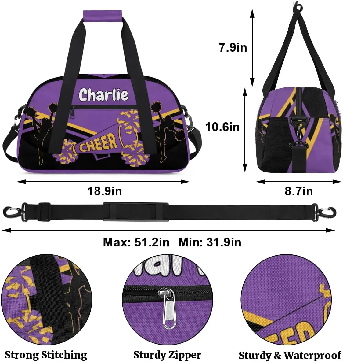 Personalized Name Cheerleaders Bag Custom Cheer Duffel Bags Gymnastics Bag Weekend Travel Overnight Bag for Sport Events, Purple Black
