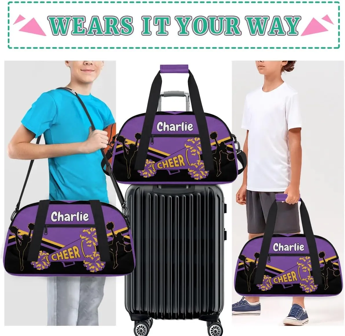Personalized Name Cheerleaders Bag Custom Cheer Duffel Bags Gymnastics Bag Weekend Travel Overnight Bag for Sport Events, Purple Black