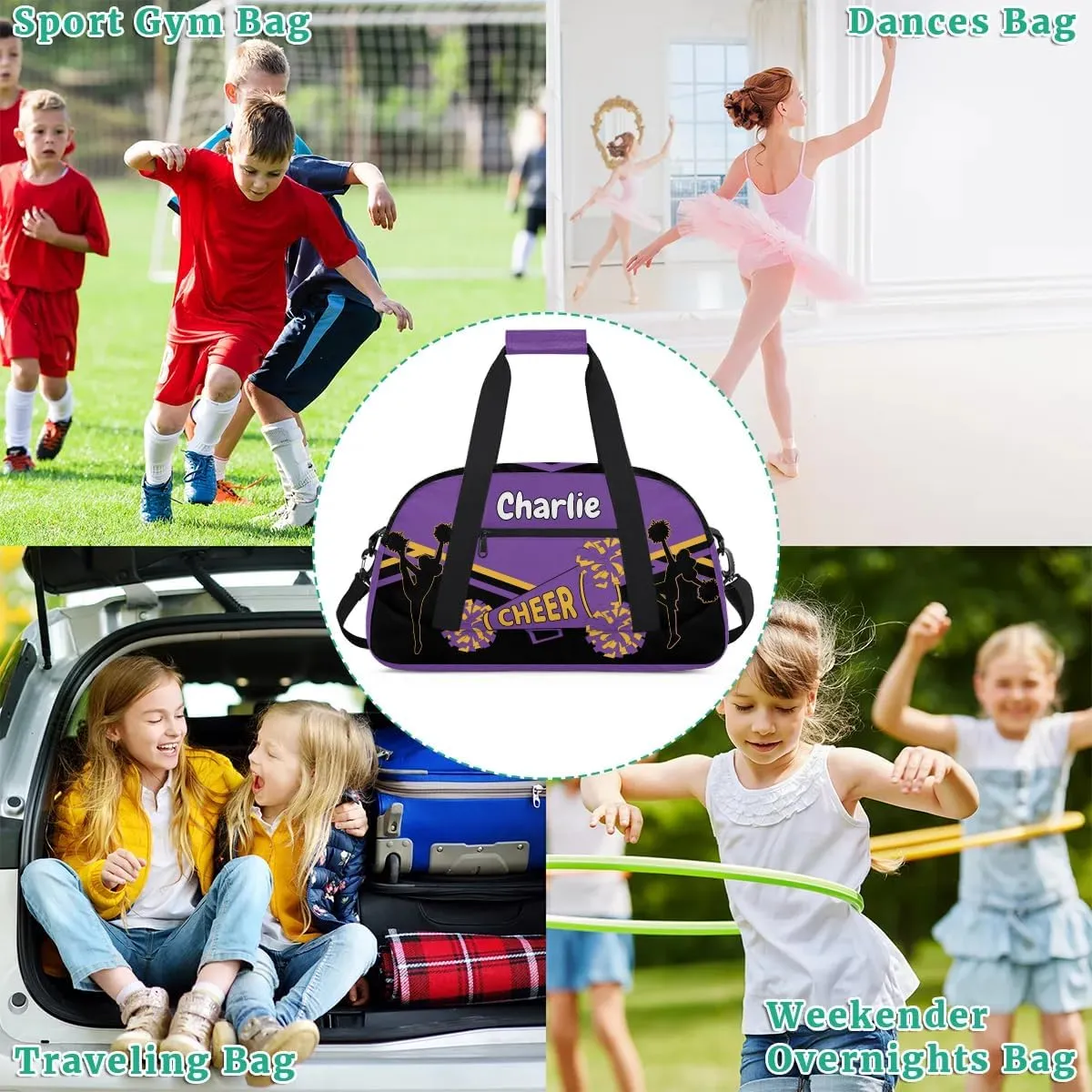 Personalized Name Cheerleaders Bag Custom Cheer Duffel Bags Gymnastics Bag Weekend Travel Overnight Bag for Sport Events, Purple Black