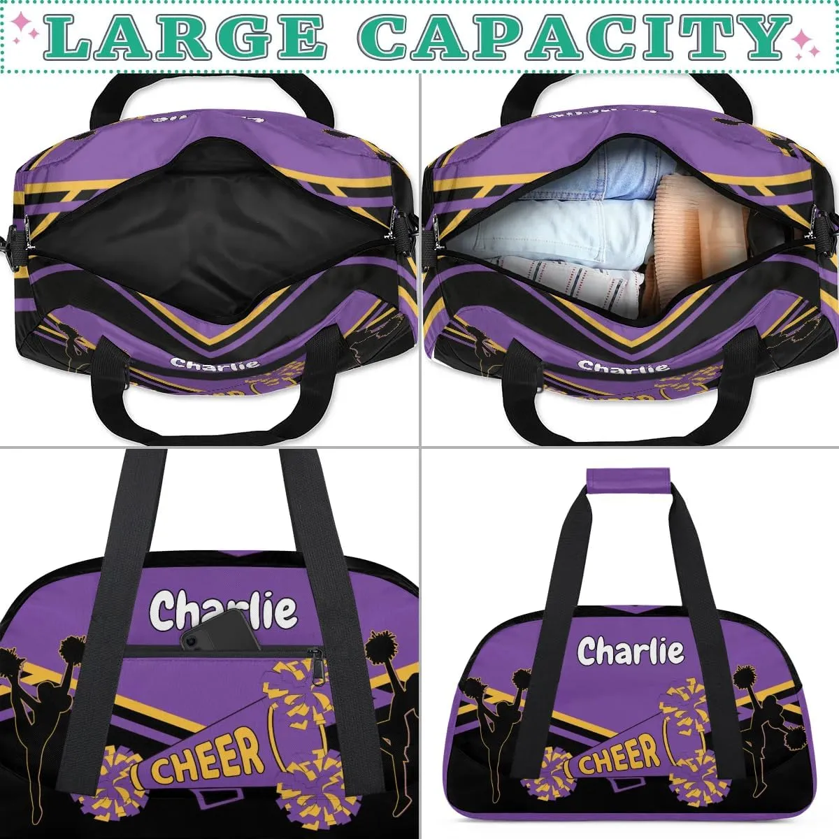 Personalized Name Cheerleaders Bag Custom Cheer Duffel Bags Gymnastics Bag Weekend Travel Overnight Bag for Sport Events, Purple Black