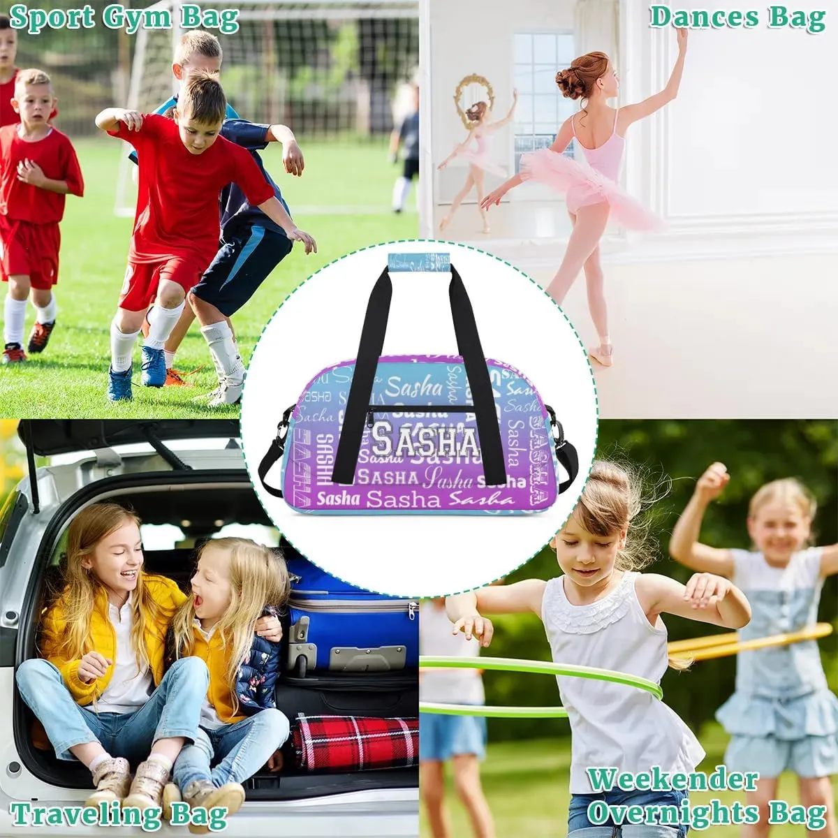 Personalized Name Dance Gymnastics Bags, Custom Duffel Bag Cheer Bags, Custom Sport Duffel Gym Bags Travel Weekender Bags Blue Purple Gradient