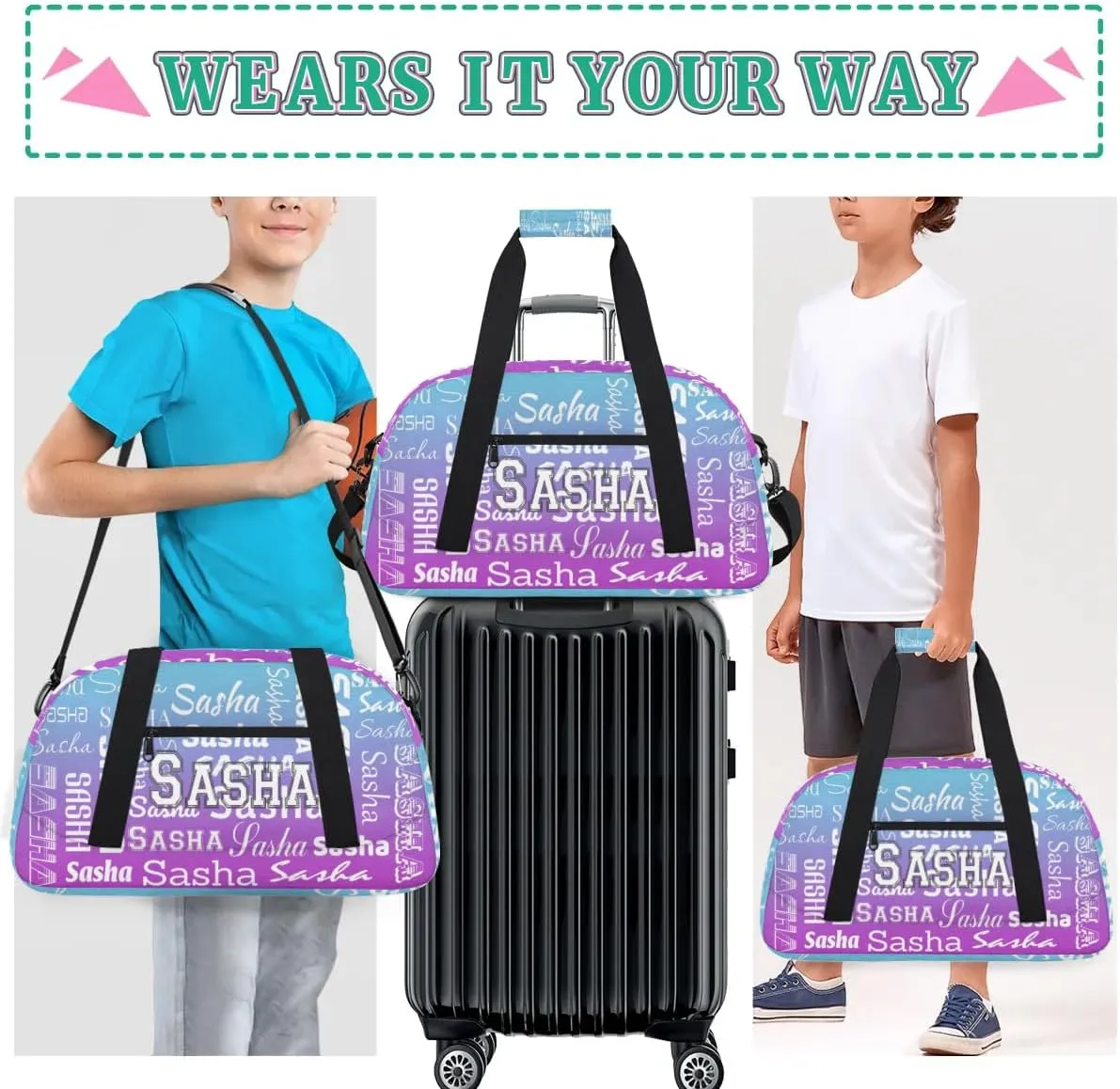 Personalized Name Dance Gymnastics Bags, Custom Duffel Bag Cheer Bags, Custom Sport Duffel Gym Bags Travel Weekender Bags Blue Purple Gradient