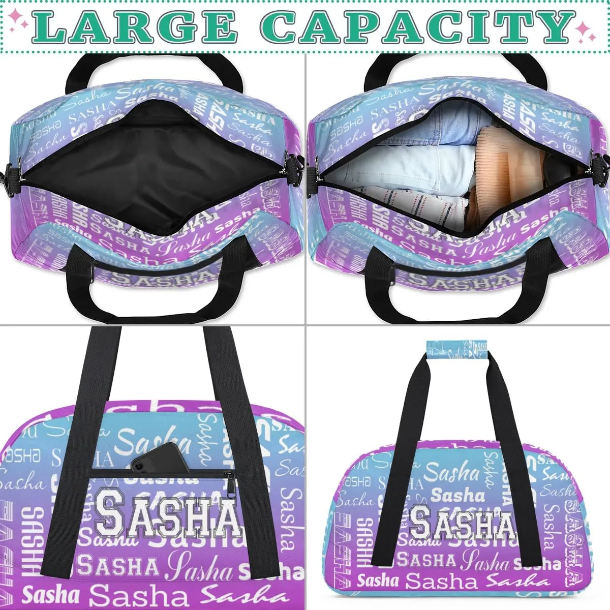 Personalized Name Dance Gymnastics Bags, Custom Duffel Bag Cheer Bags, Custom Sport Duffel Gym Bags Travel Weekender Bags Blue Purple Gradient