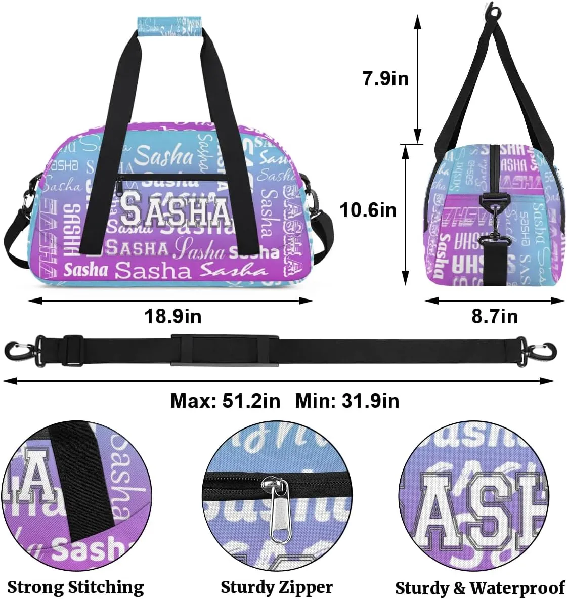 Personalized Name Dance Gymnastics Bags, Custom Duffel Bag Cheer Bags, Custom Sport Duffel Gym Bags Travel Weekender Bags Blue Purple Gradient