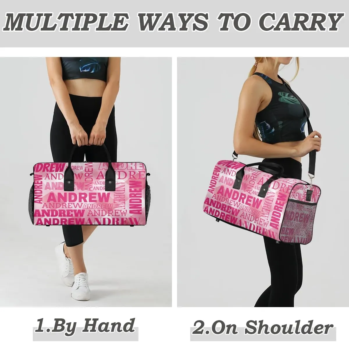 Personalized Name Duffel Bag Sports Gym Bag Dance Duffel Bags with Name Travel Overnight Carry-On Duffel Bag for Women Men, Hot Pink