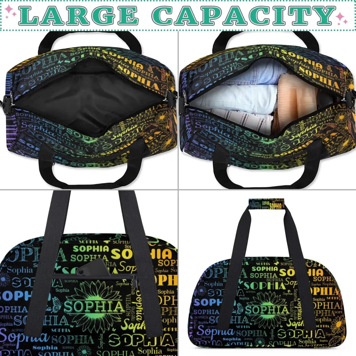 Personalized Name Duffel Bag Sports Gym Bags Dance Duffel Bags with Sunflower, Travel Overnight Carry-On Duffel Bag for Women Men, Black