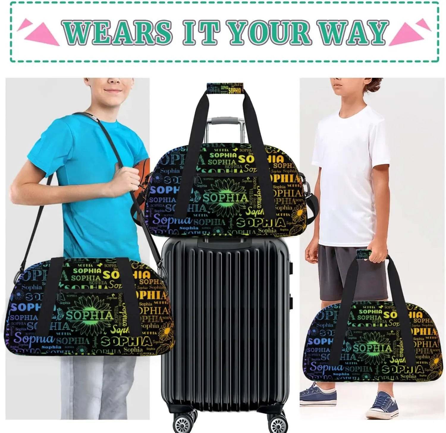 Personalized Name Duffel Bag Sports Gym Bags Dance Duffel Bags with Sunflower, Travel Overnight Carry-On Duffel Bag for Women Men, Black
