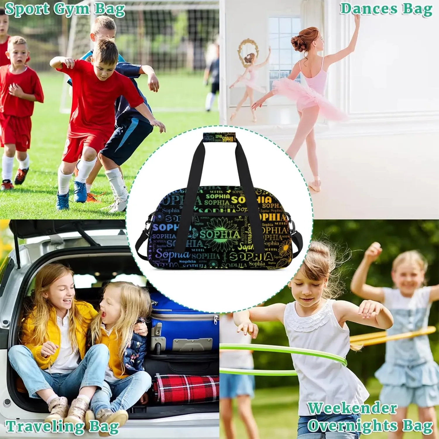 Personalized Name Duffel Bag Sports Gym Bags Dance Duffel Bags with Sunflower, Travel Overnight Carry-On Duffel Bag for Women Men, Black