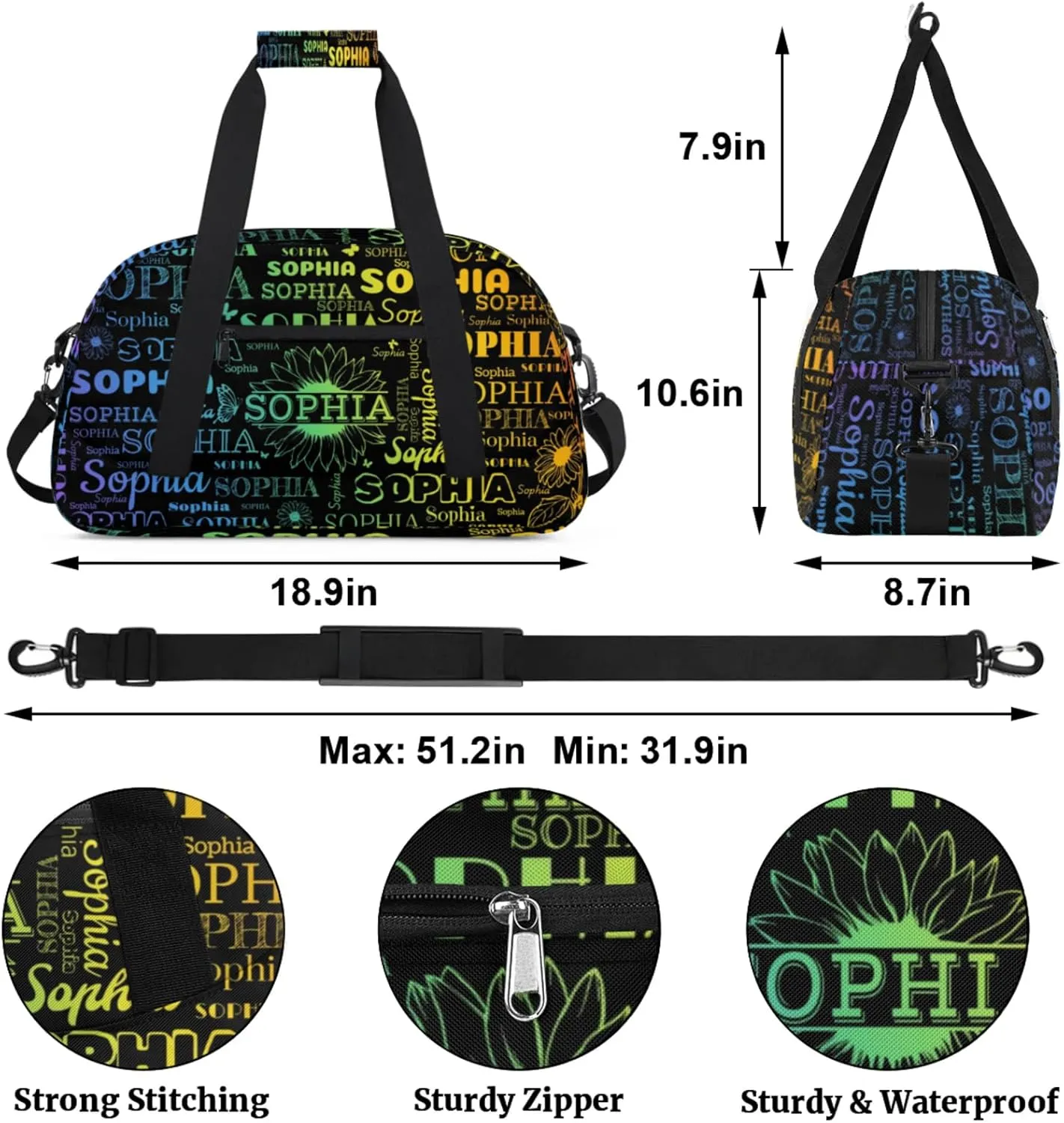 Personalized Name Duffel Bag Sports Gym Bags Dance Duffel Bags with Sunflower, Travel Overnight Carry-On Duffel Bag for Women Men, Black
