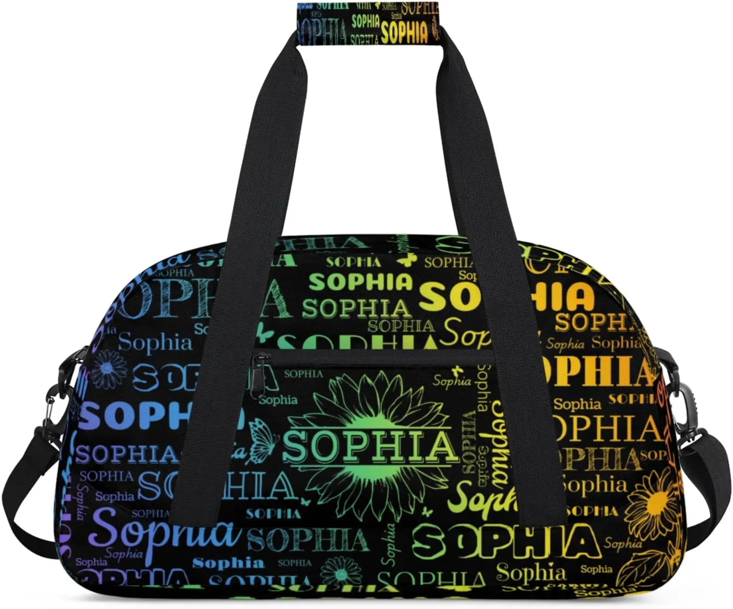 Personalized Name Duffel Bag Sports Gym Bags Dance Duffel Bags with Sunflower, Travel Overnight Carry-On Duffel Bag for Women Men, Black
