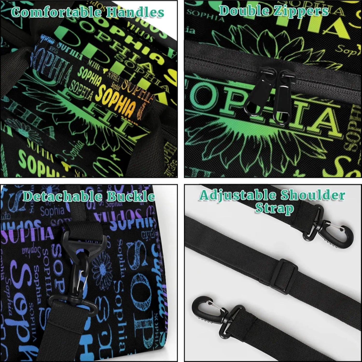 Personalized Name Duffel Bag Sports Gym Bags Dance Duffel Bags with Sunflower, Travel Overnight Carry-On Duffel Bag for Women Men, Black
