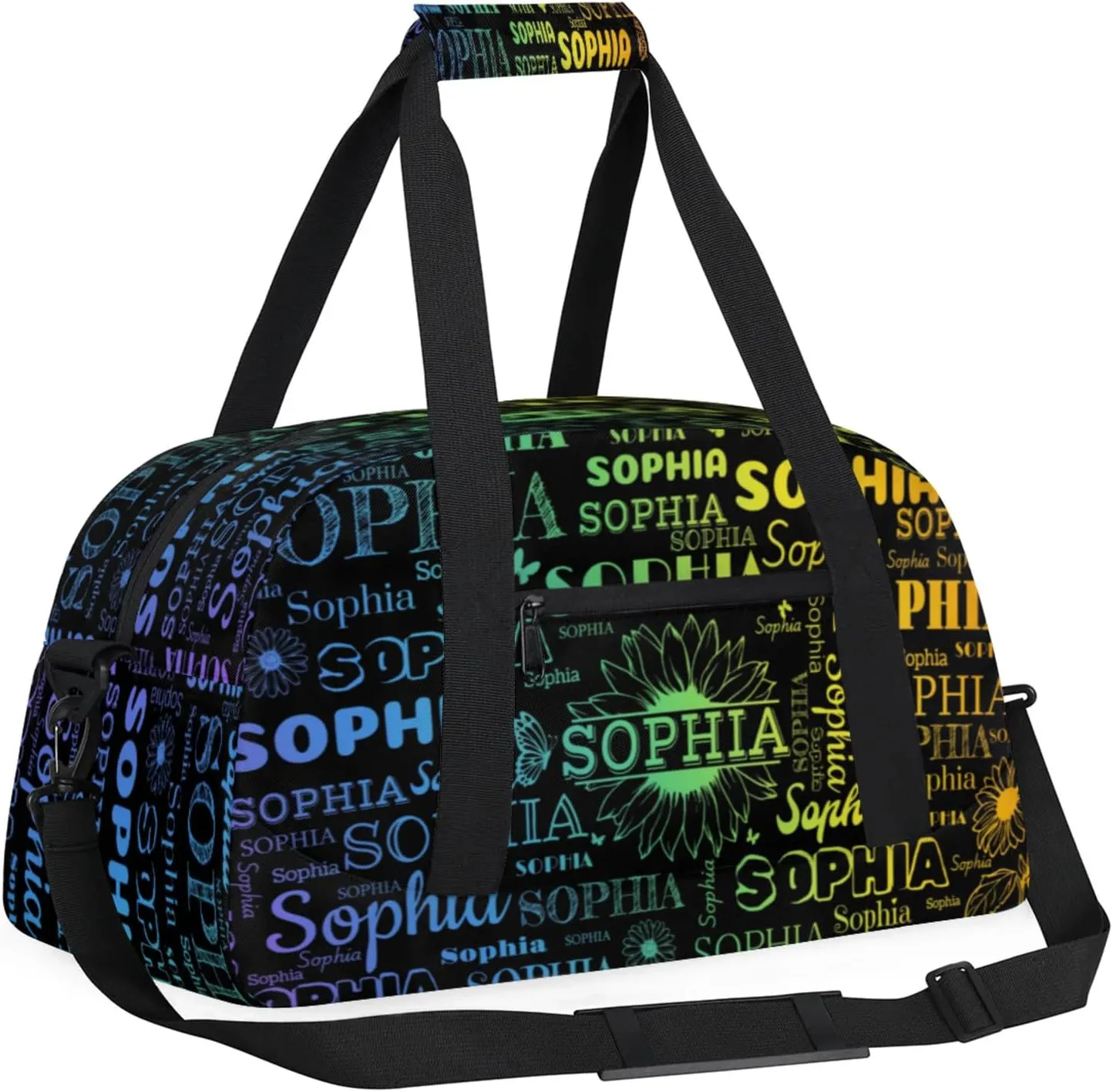 Personalized Name Duffel Bag Sports Gym Bags Dance Duffel Bags with Sunflower, Travel Overnight Carry-On Duffel Bag for Women Men, Black