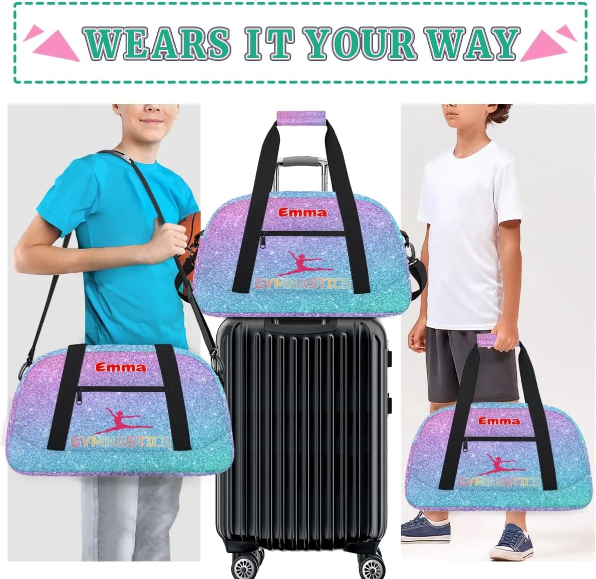 Personalized Sport Dance Bag, Custom Duffle Bag Gym Bag Customized Travel Duffel with Name Text Logo Colorful Blue Purple Glitter