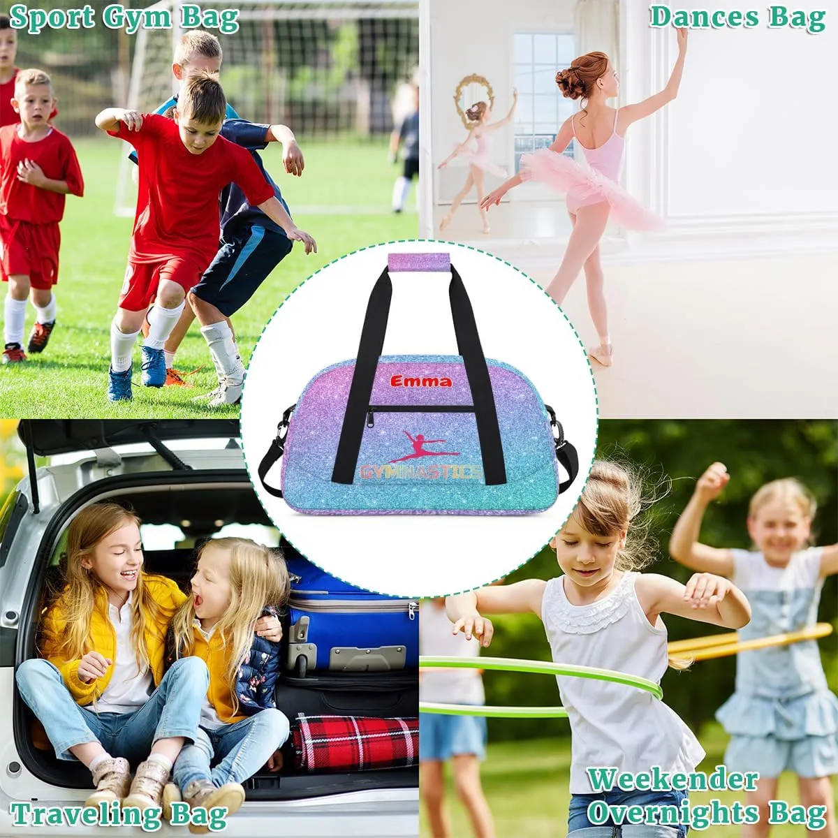 Personalized Sport Dance Bag, Custom Duffle Bag Gym Bag Customized Travel Duffel with Name Text Logo Colorful Blue Purple Glitter
