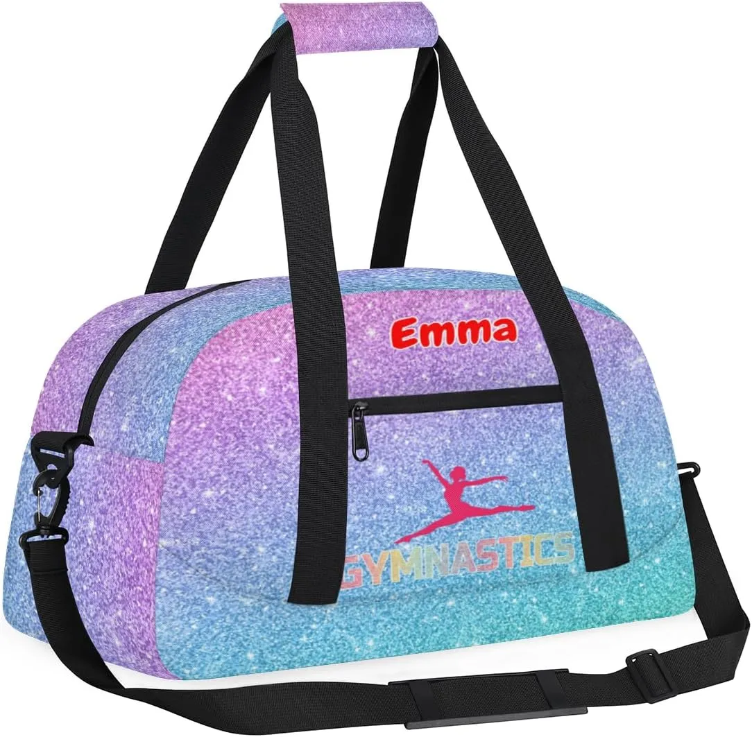 Personalized Sport Dance Bag, Custom Duffle Bag Gym Bag Customized Travel Duffel with Name Text Logo Colorful Blue Purple Glitter