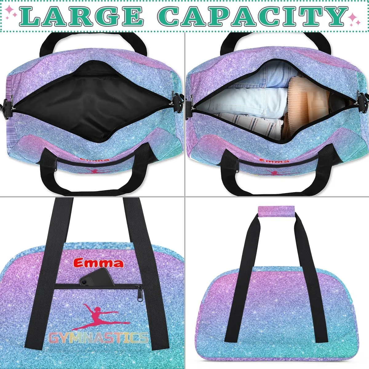 Personalized Sport Dance Bag, Custom Duffle Bag Gym Bag Customized Travel Duffel with Name Text Logo Colorful Blue Purple Glitter