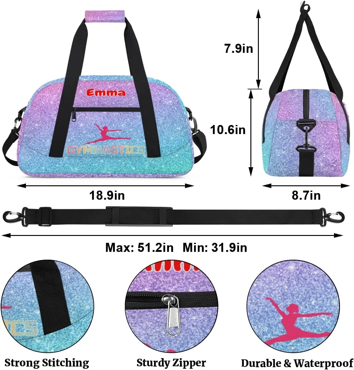 Personalized Sport Dance Bag, Custom Duffle Bag Gym Bag Customized Travel Duffel with Name Text Logo Colorful Blue Purple Glitter