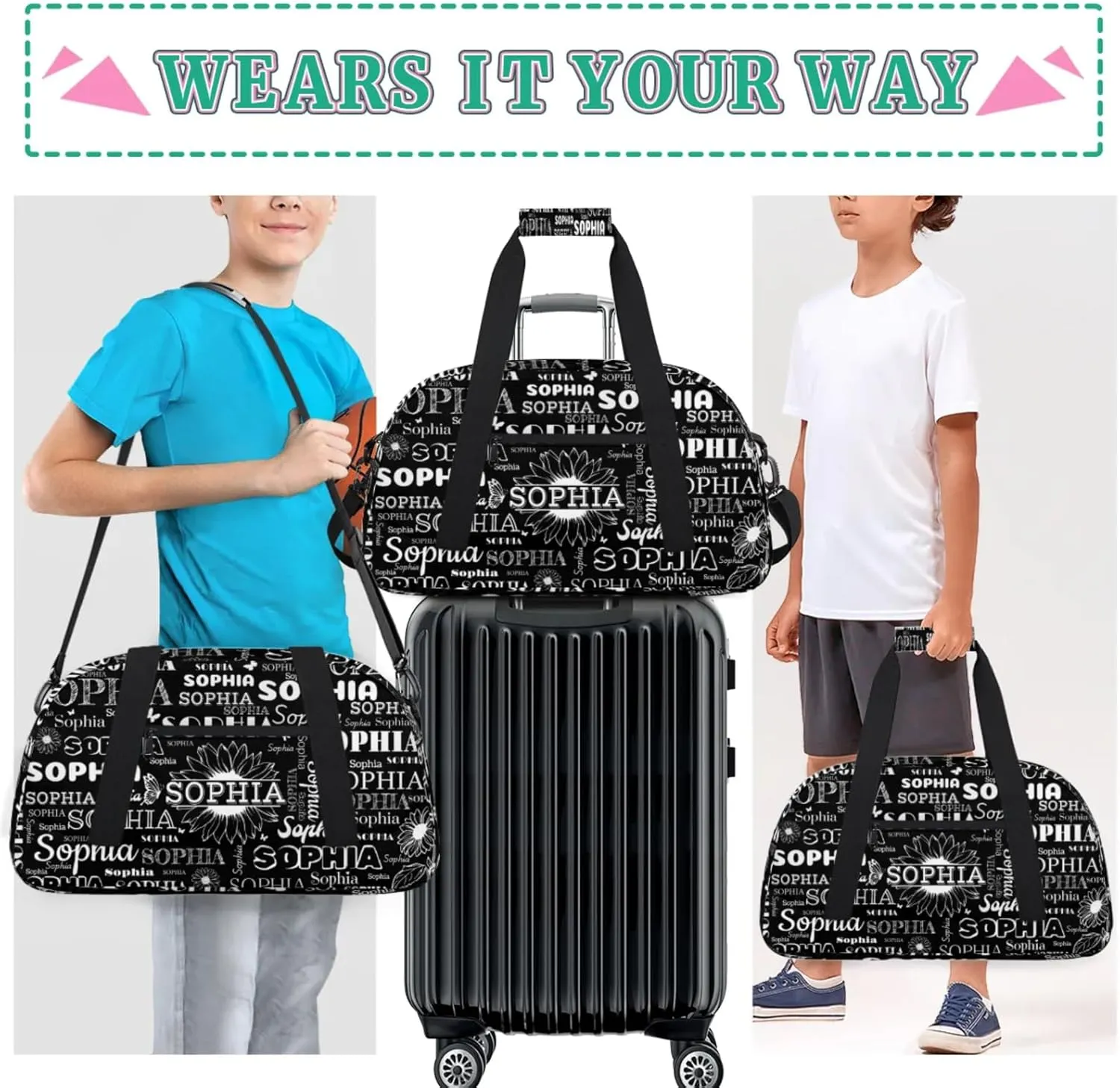 Personalized Sports Duffel Bag with Name for Women Men, Custom Gym Bags Dance Duffel Bags, Travel Overnight Carry-On Duffel Bag, Black Sunflower