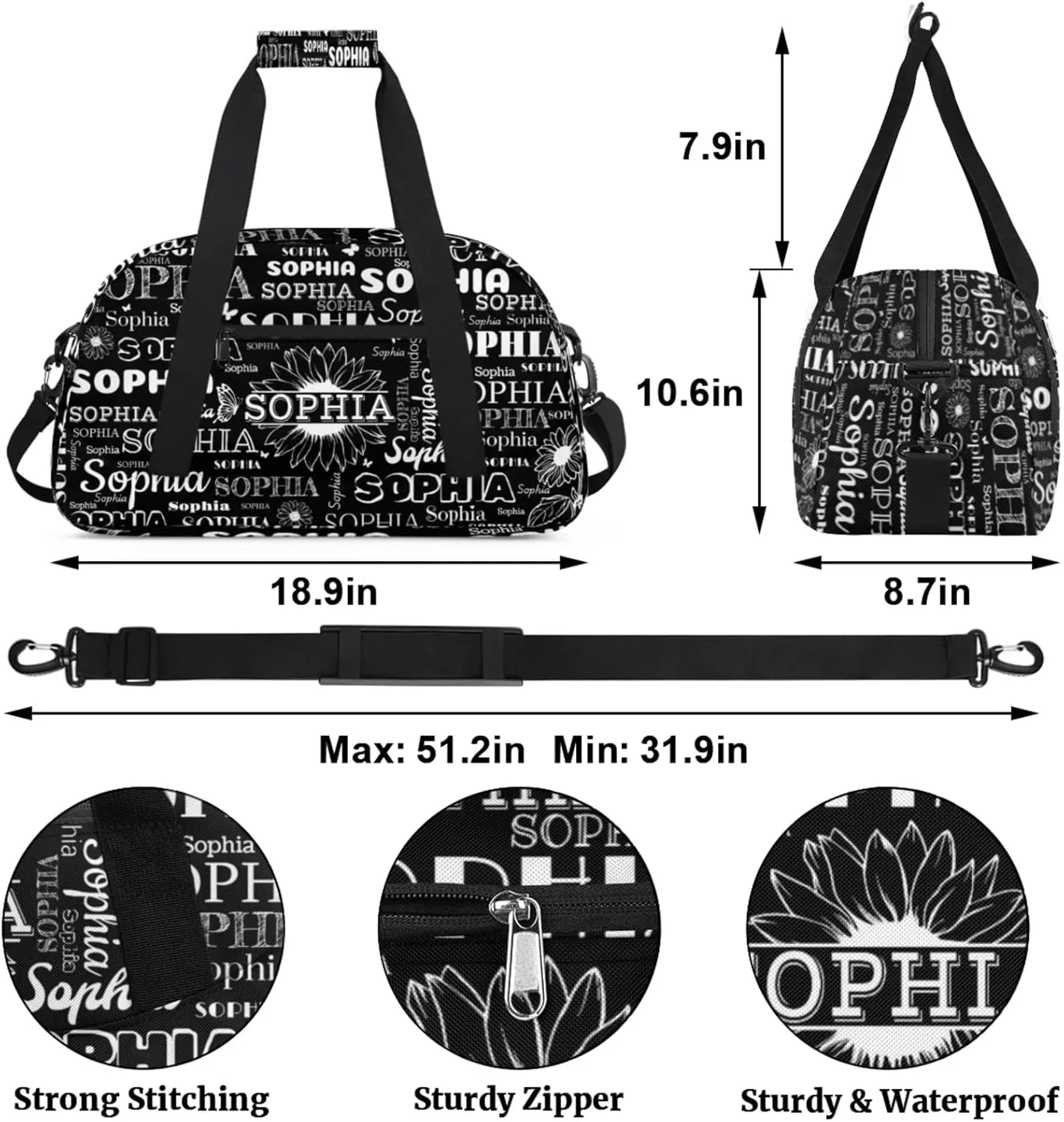 Personalized Sports Duffel Bag with Name for Women Men, Custom Gym Bags Dance Duffel Bags, Travel Overnight Carry-On Duffel Bag, Black Sunflower