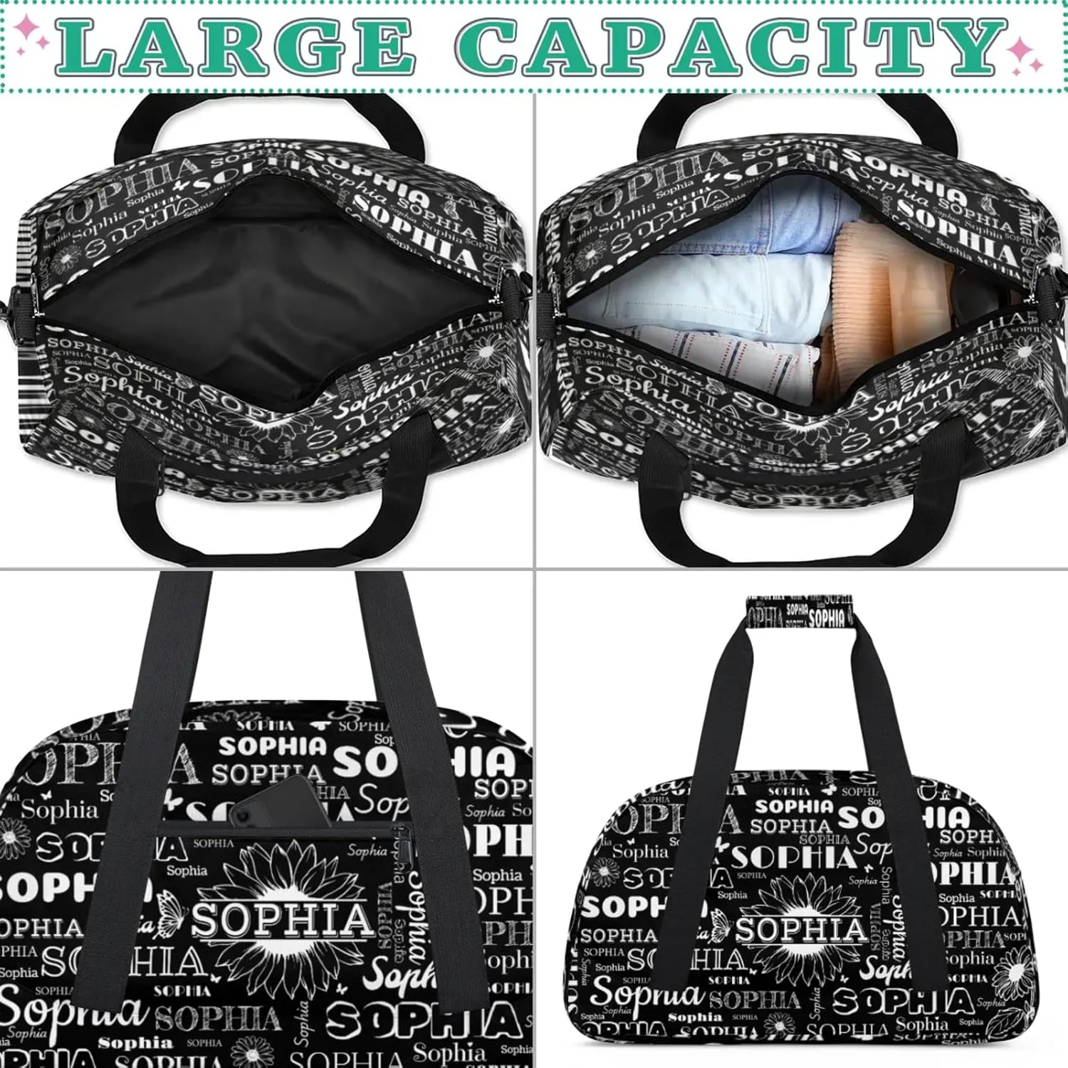 Personalized Sports Duffel Bag with Name for Women Men, Custom Gym Bags Dance Duffel Bags, Travel Overnight Carry-On Duffel Bag, Black Sunflower