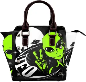 Peynir Alien Ufo Women Leather Handbag Rivet Shoulder Bag Top Handle Satchel Purse, Fashion