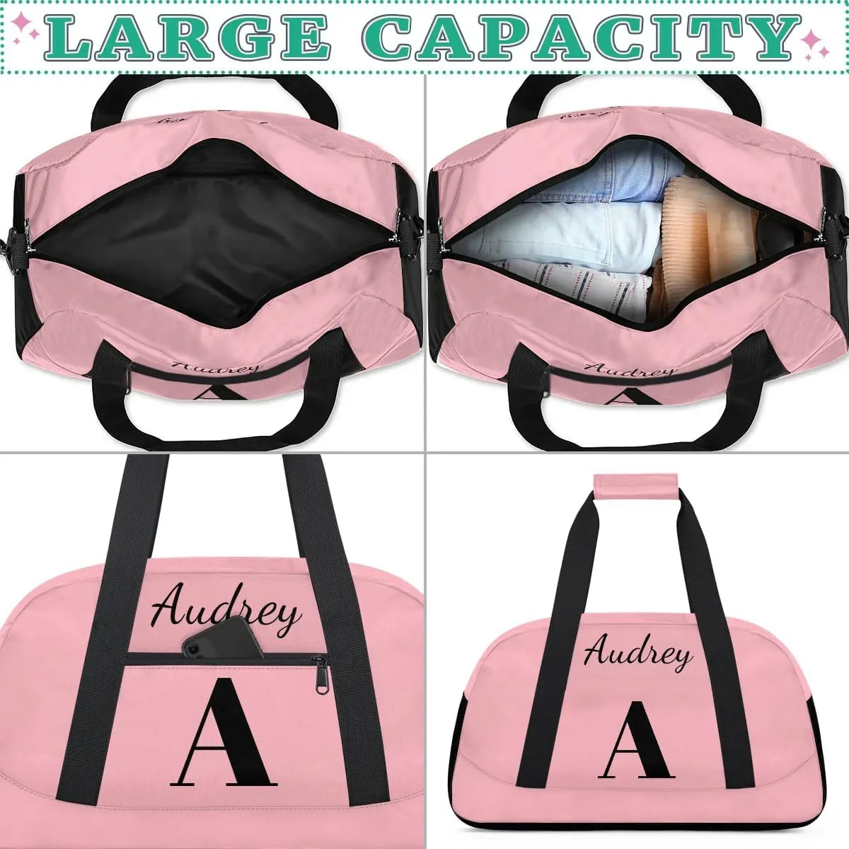 Pink Custom Gym Bag for Women Men, Personalized Initial Travel Duffel Bag with Name, Small Sports Gym Bag Weekender Carry On Overnight Bags