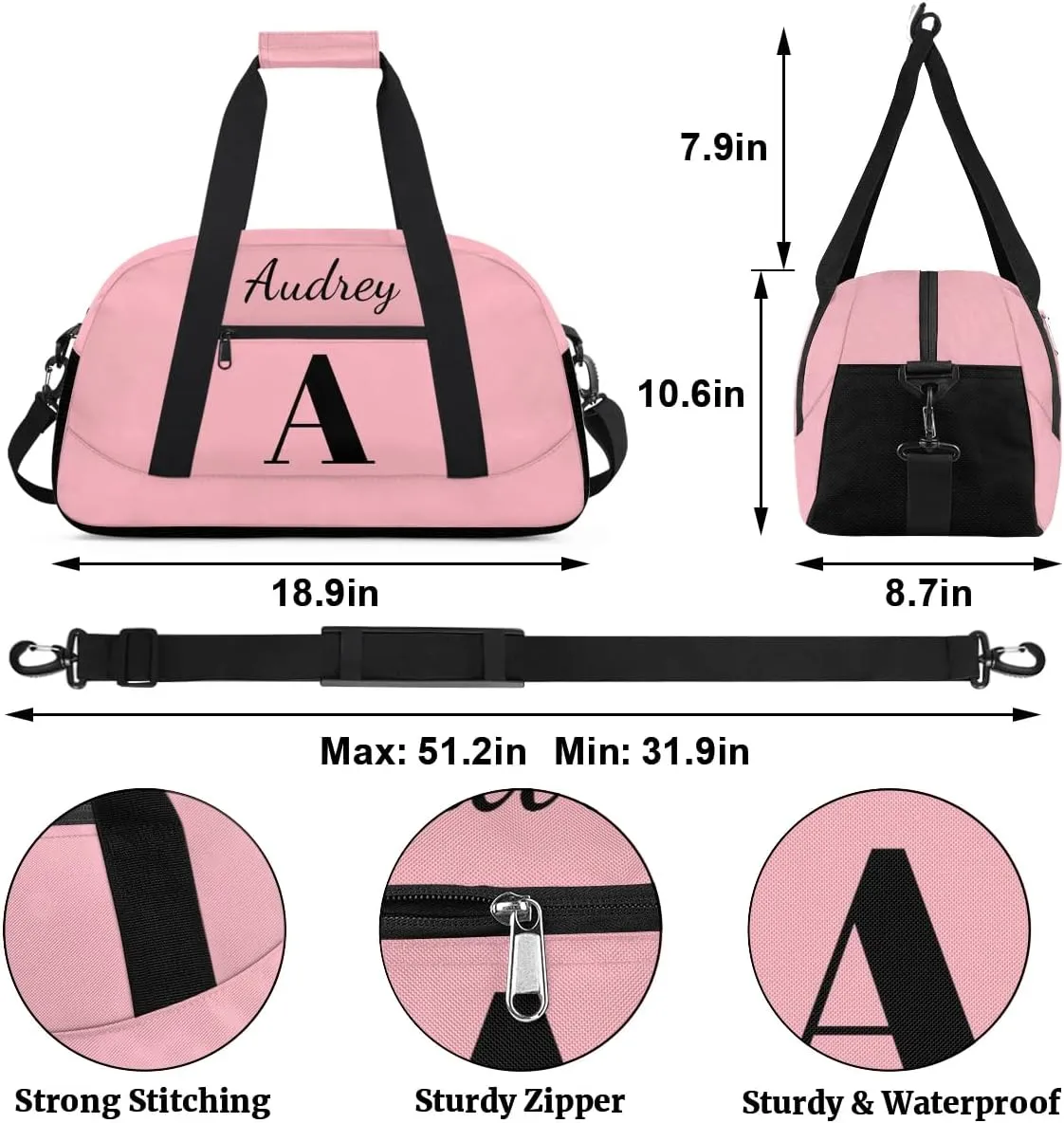 Pink Custom Gym Bag for Women Men, Personalized Initial Travel Duffel Bag with Name, Small Sports Gym Bag Weekender Carry On Overnight Bags