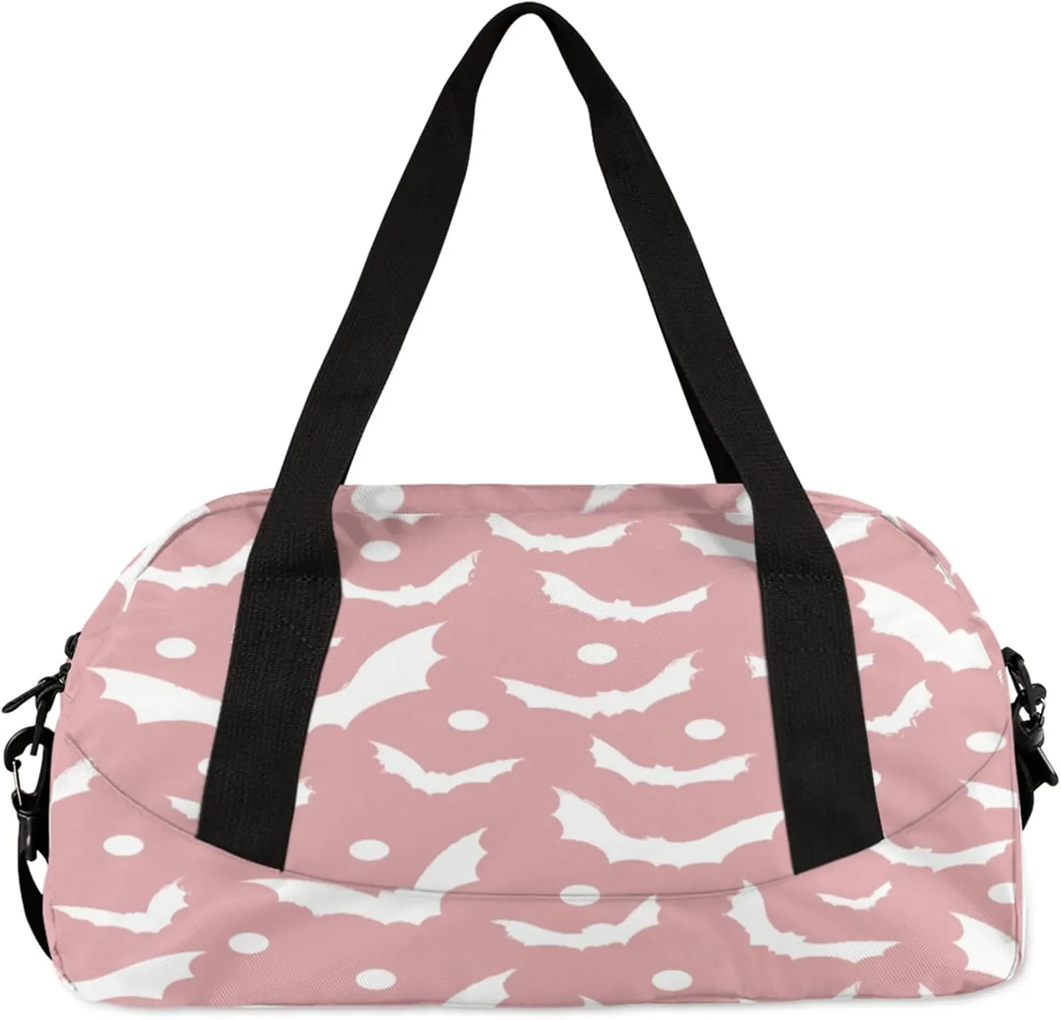 Pink White Bat Pattern Kids Duffel Bag Lightweight Waterproof Sports Gym Bag with Front Zipper Pocket Foldable Weekender Overnight Bag for School Practice Gymnastic Ballet